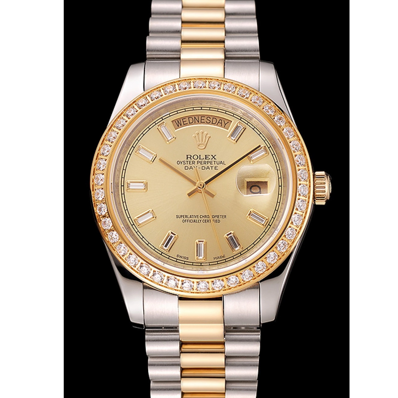 Aaa fake watches Two Tone 1454103 Day-Date Diamond Dial Bracelet Swiss Bezel Rolex Champagne 0712